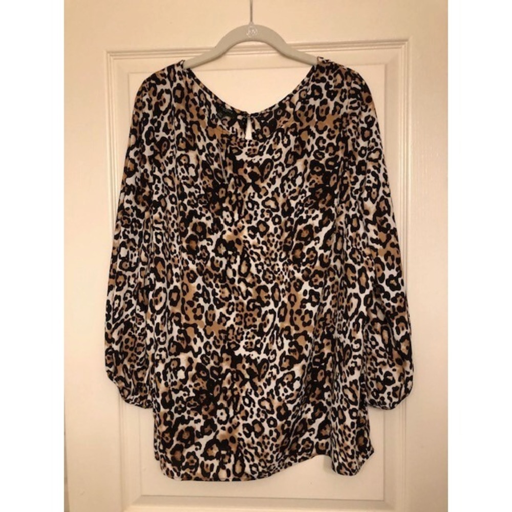 Talbots Plus Women's Blouse 2X Leopard Black Brown Tan Animal Print Boho NWT